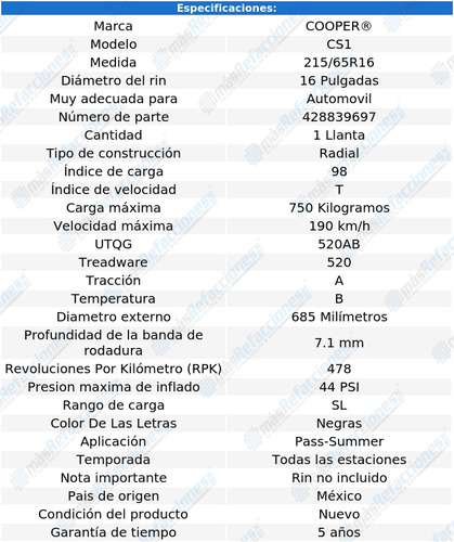 Llanta Cooper 215 65 R 16 Cs1 Promocion