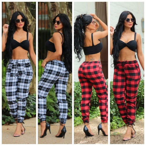 Imagem 8 de 10 de Kit 8 Calça Jogger Sarja Feminina Bengaline Quadricula