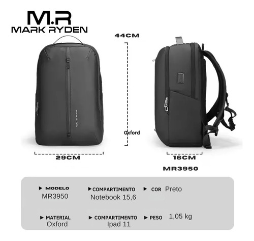 Mochila Bolsa Premium Grande 39l Notebook 15,6 Com Usb Preto Fosco Mark Ryden Mr3950