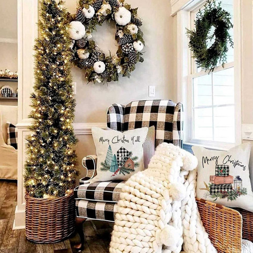 8 Fundas De Almohada Navideñas, Cojines Farmhouse Christmas