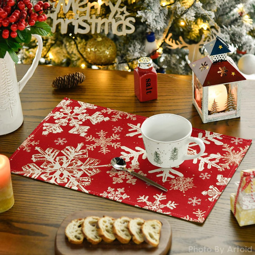 4 Mantel Individual Decorativos Navidad Copos Nieve Rojos