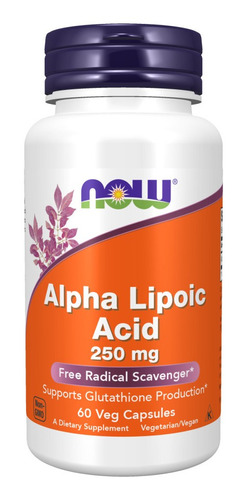 Ácido alfa lipoico 250 mg Now Foods 60 cápsulas de ácido alfa lipoico sabor sin sabor