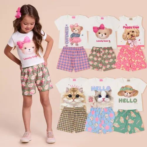 Momobobi Kit Sortido 6 Peças Infantil Menina Verão 3 Blusas+3 Shorts