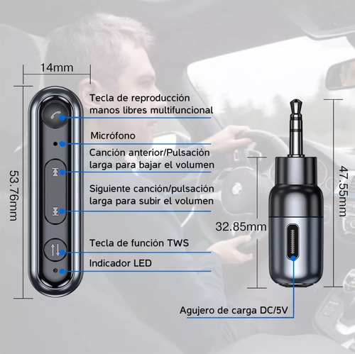 Receptor Bluetooth 5.3 Jack 3.5mm Manos Libres Tws Techsa