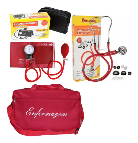 Kit Enfermagem Com Esteto Esfigmo E Bolsa Vermelho