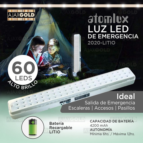 Imagen 2 de 5 de Luz Emergencia Atomlux 2020 Slim Bateria Litio 60 Leds Fria