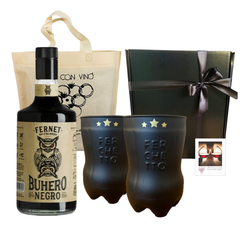 Box Fernet Buhero + 2 Vasos Ferchetto Negro Regalo Estuche