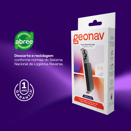 Power Bank Indução 5.000mha UltraSlim 20w Magsafe Usb-c Magnético Preto Geonav