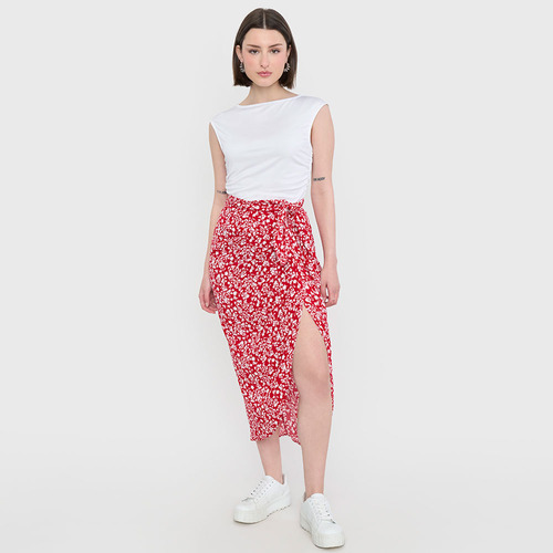 Falda Mujer Midi Recojida Print Flores Rojas Corona
