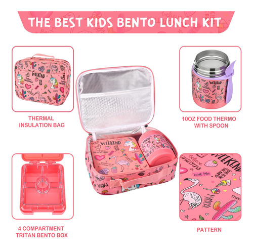Lonchera Juego 4 Piezas Con Termo Recipiente Y Tarro Rosa