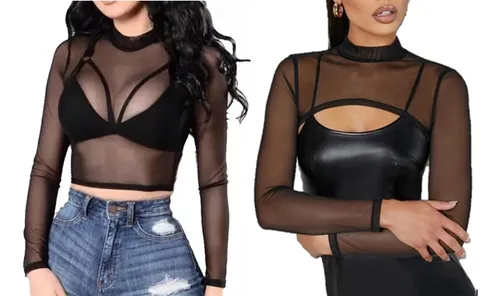 Crop top manga larga transparente new arrivals