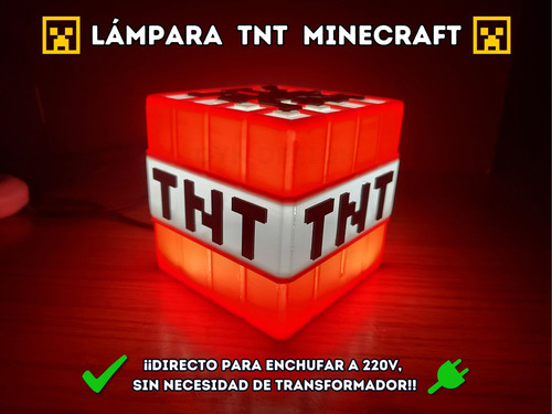 Lámpara Velador Tnt Minecraft 10cm 220v Con Tecla Y Enchufe! Rojo Blanco