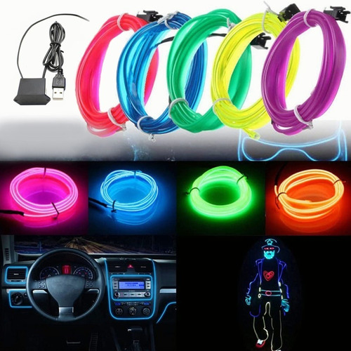 Imagen 1 de 10 de Hilo Tira Luz Neon Colores Led Conector Usb 12v Auto Moto 5m