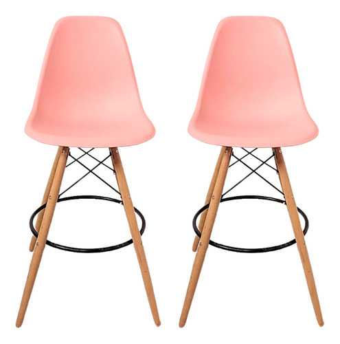 Set 2 Sillas Eames Comedor Altas Banco Cocina Minimalista Estructura de la silla Madera Asiento Rosa Diseño de la tela Liso