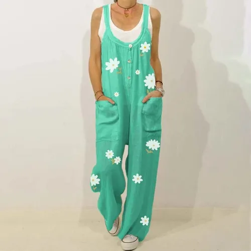 Macacao Feminino De Algodao E Linho Com Estampa De Flores
