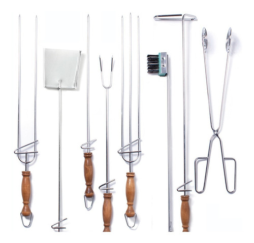 Set Asador X8 Utensilios Pinches Pala Atizador Pinza Cepillo