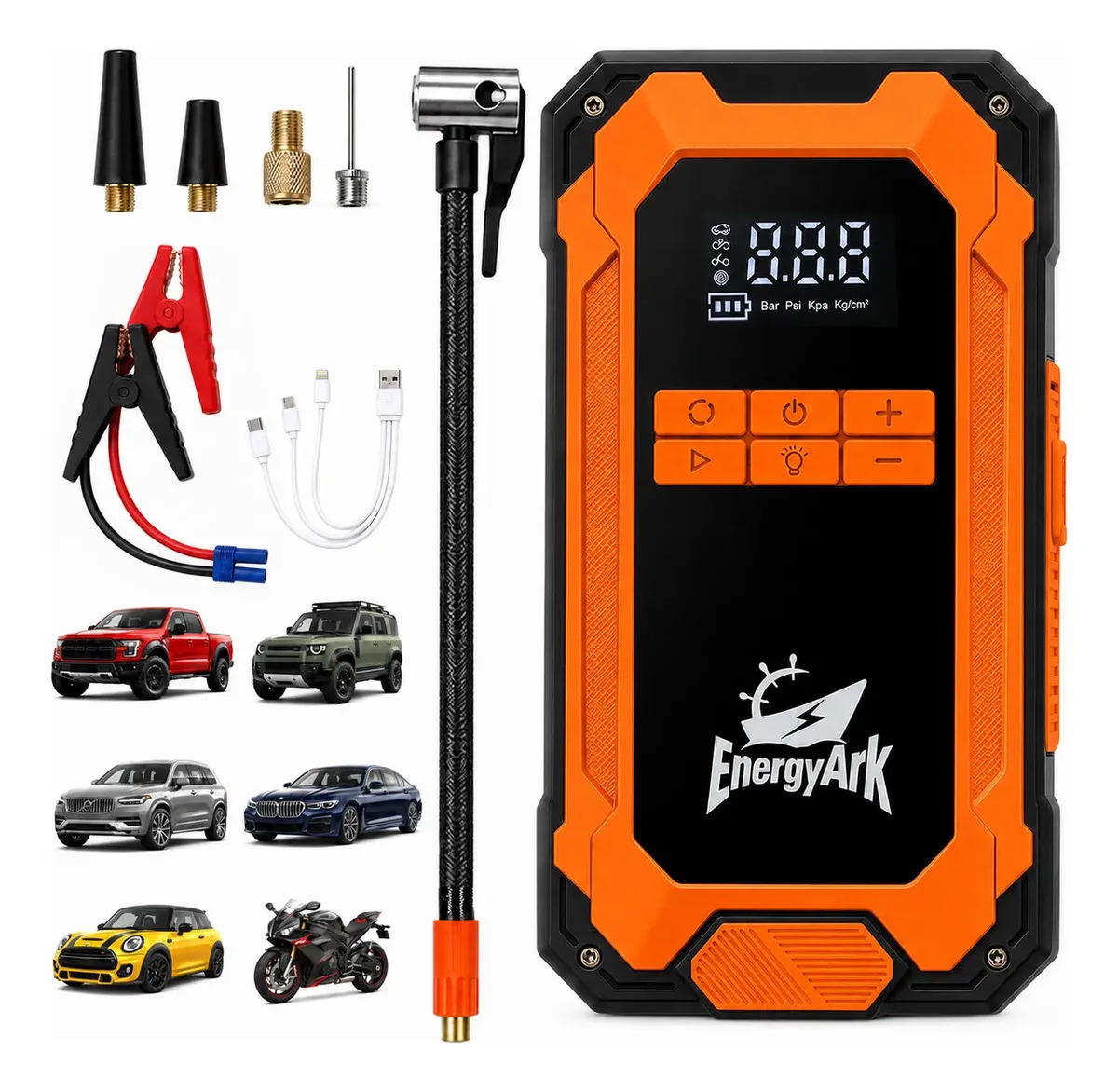 Arrancador de coche 8000A 29800mAh 12V con inflador 150PSI LED USB Energyark