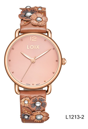 Reloj Mujer Loix®  L1213-2 Café Con Oro Rosa, Tablero Rosado