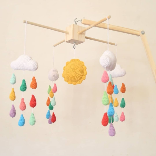 Movil Cuna Tejido Crochet Nube Con Gotitas Y Sol