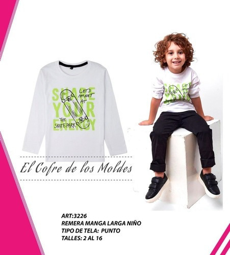 Molde  Camiseta Manga Larga Niños Pack Talles 2 Al 16