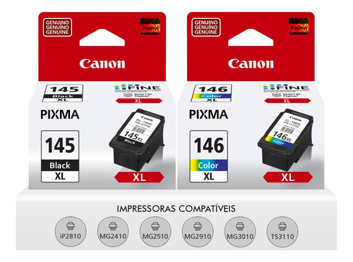 Kit Canon Pg145 Preto Cl146 Xl Color Originais Mg2410 Mg2910