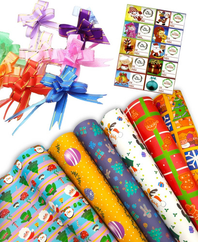 Pack 10 Papel De Regalo Navidad Más Lazos Y Stickers,