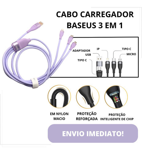 Cabo Carregador Baseus Flash Triplo 100w Usb Micro iPhone Tc Cor Roxo