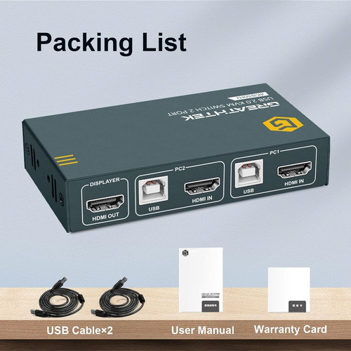 Greathtek Kvm Switch Hdmi 4k 60hz Comparte Usb 2.0 Con Boton
