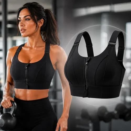 Top Fitness Feminino Zíper Frontal Alta Sustentação Academia Preto Liso G/gg