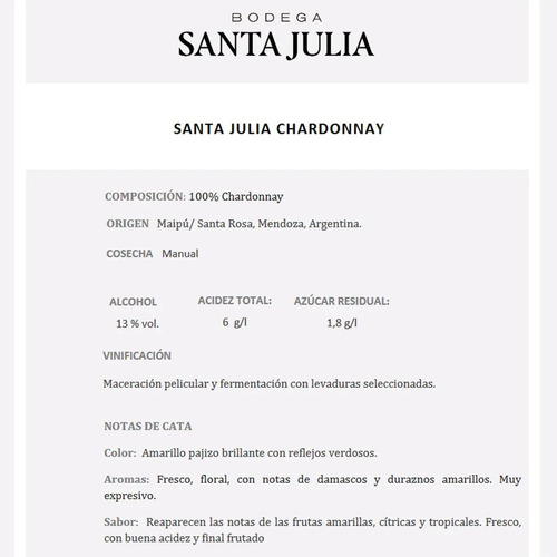Vino Santa Julia Chardonnay 375ml Blanco Mendoza