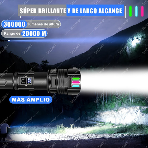 SUZWIP Lámpara Táctica 300000lm 4 En 1 Con Power Bank Y RGB LED USB Recargable Lámpara Linterna 5 Modos Negro Ultra Potente luz Impermeable Portátil