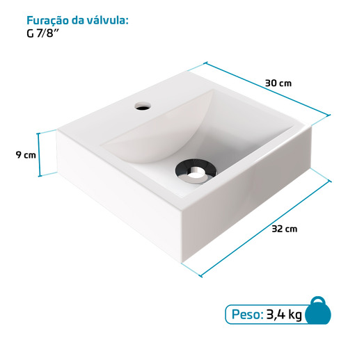 Cuba Pia De Apoio Quadrada 32x30cm Topázio Para Banheiro E Válvula Beltempo