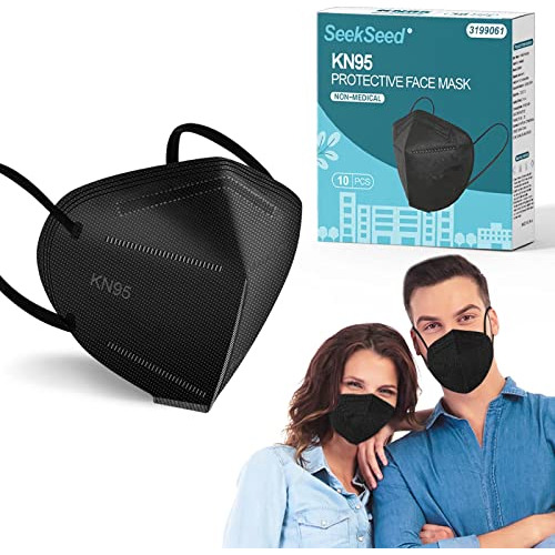Kn95 Face Masks Black 10 Pack, Adult 5 Layers Disposabl...