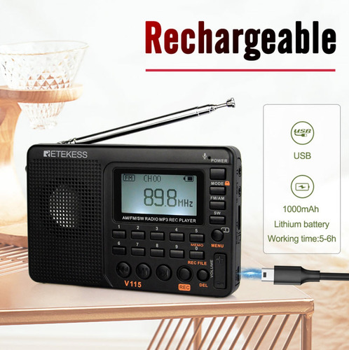 Rádio Retekess V115 F9205c Gravador Am Fm Sw Mp3 Com Bateria Cor Modelo Tx32 Azul-escuro Modelo Tx32 Azul-escuro