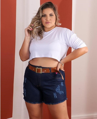 Imagem 1 de 2 de Short Feminino Jeans Plus Size  Lycra Desfiado Cintura Alta