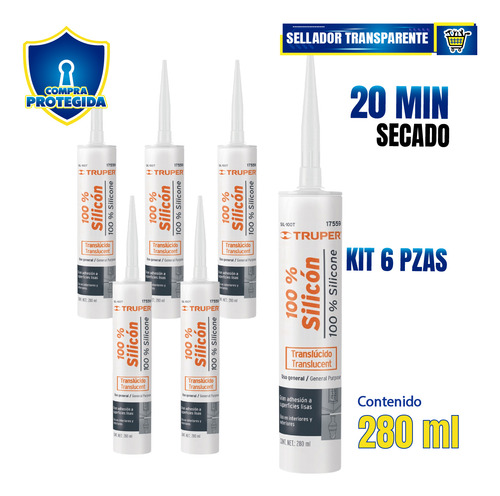 Kit 6 Pzas Sellador Transparente 100% Silicón, 280 Ml 17559