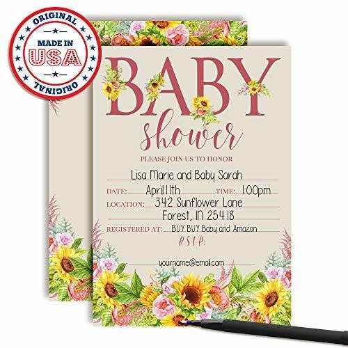Invitaciones De Baby Shower Con Flores De Girasol Y Peonía E