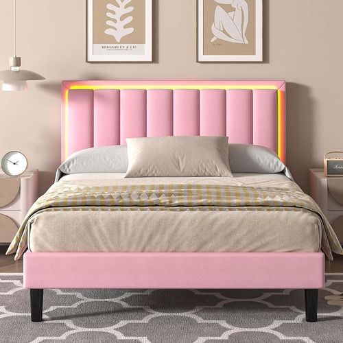 Bed Frame Matrimonial Color Rosa C/cabecera Con Luz Led