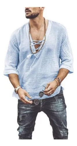 Camisa De Vestir De Lino Hippie De Moda, Pantalones Ajustado
