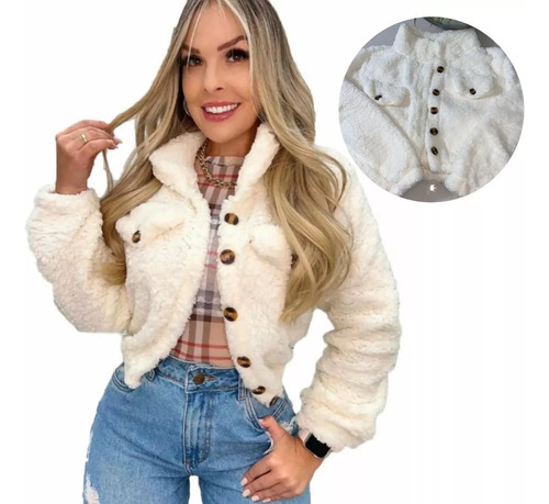 Casaco Teddy Pelo Pelucia Botão Bear Feminino Moda Inverno