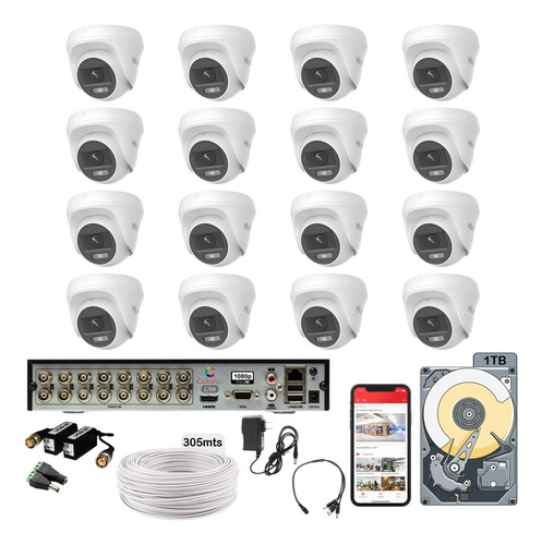 Kit 16 Camaras 1080 Hilook Colorvu Domo 305mts Utp 1tb