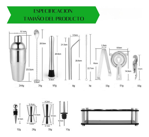 Kit De Cocteleria Profesional Acero Inoxidable Con Soporte