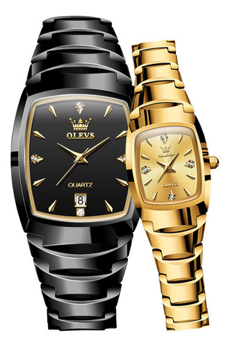 Relógios impermeáveis de luxo com calendário para casais, pulseira colorida: preto e dourado