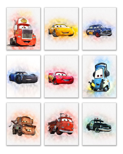 Cars Movie Poster Prints - Juego De 9 Fotos En Acuarela (8 X