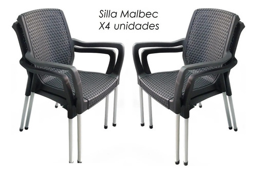 Silla Plastica Apilable Malbec X4 Reforzada Patas Aluminio