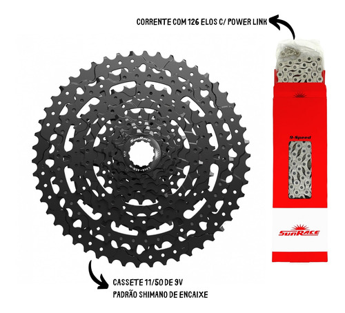 Grupo Relação Sunrace Dkm 1x9v Cassete 11/50 Mtb Completo