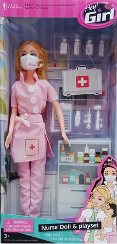 Muñeca Articulada Enfermera Con Barbijo Y Accesorios