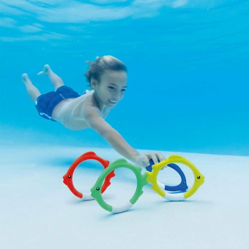 Juego Bajo El Agua Aros Forma De Pez Acuatico Para Alberca Color 4 Aros Multicolor