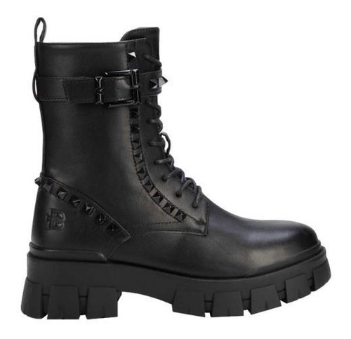 Bota Casual Dama Negro Rockera Biker Estoperoles Tacón Bajo 