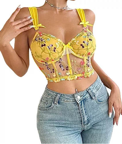 Corset Bustier Amarillo Bordado Shein Importado Romantico